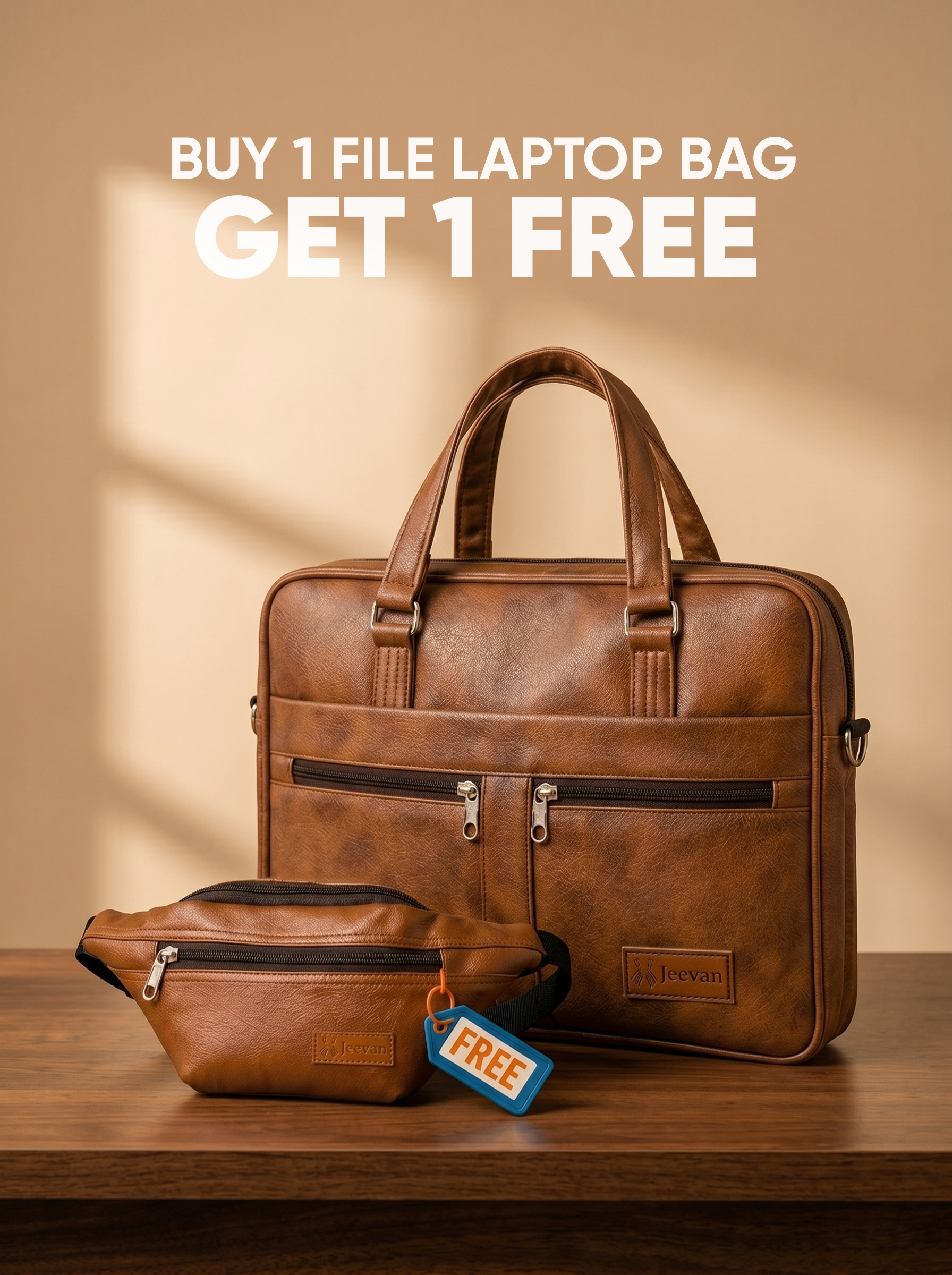 Jeevan Executive Faux Leather File Laptop Bag (Camel Brown) + 1 Fanny Bag Free