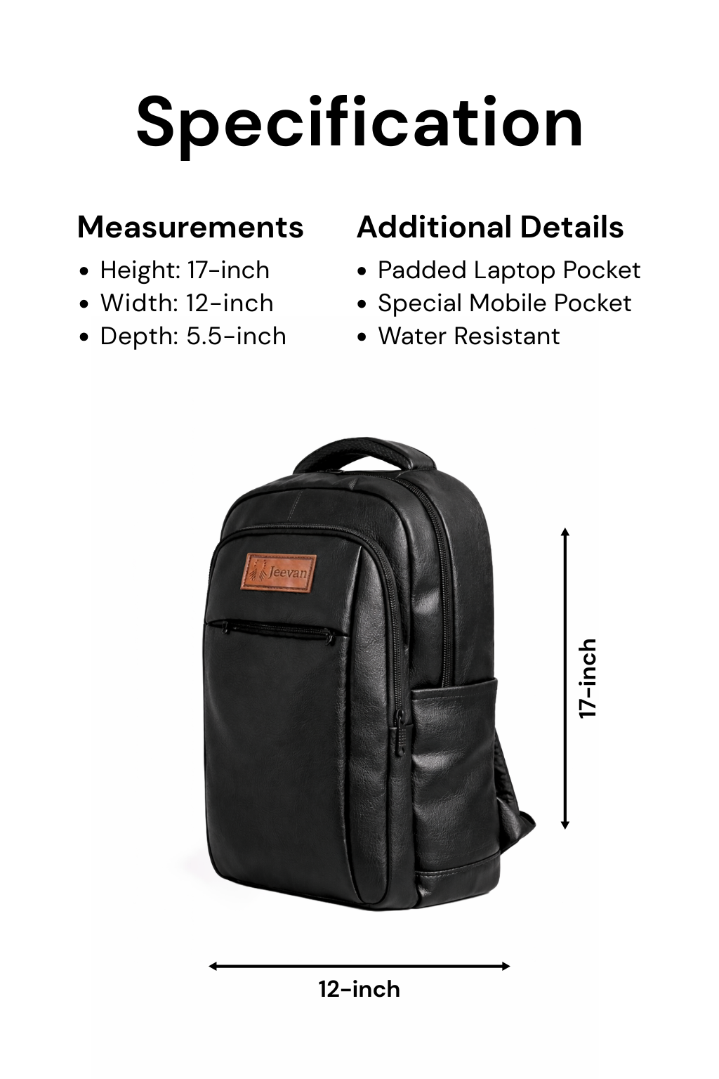 Jeevan Premium Faux Leather Backpack (Black)