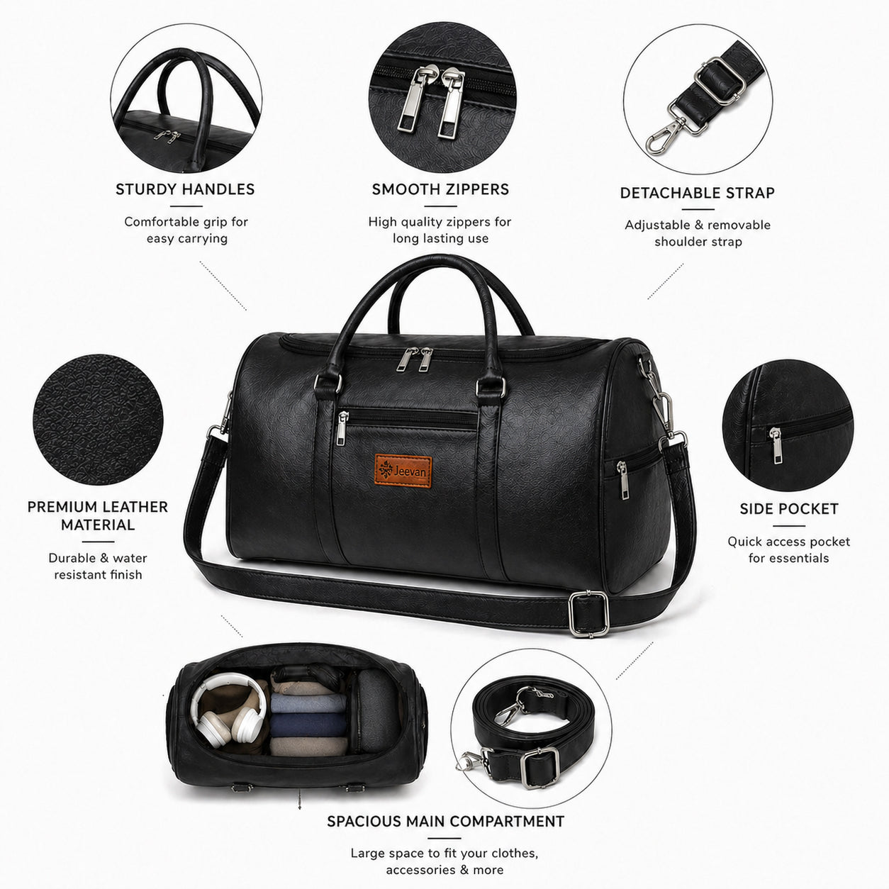 Jeevan Faux Leather Duffle Bag (Black)