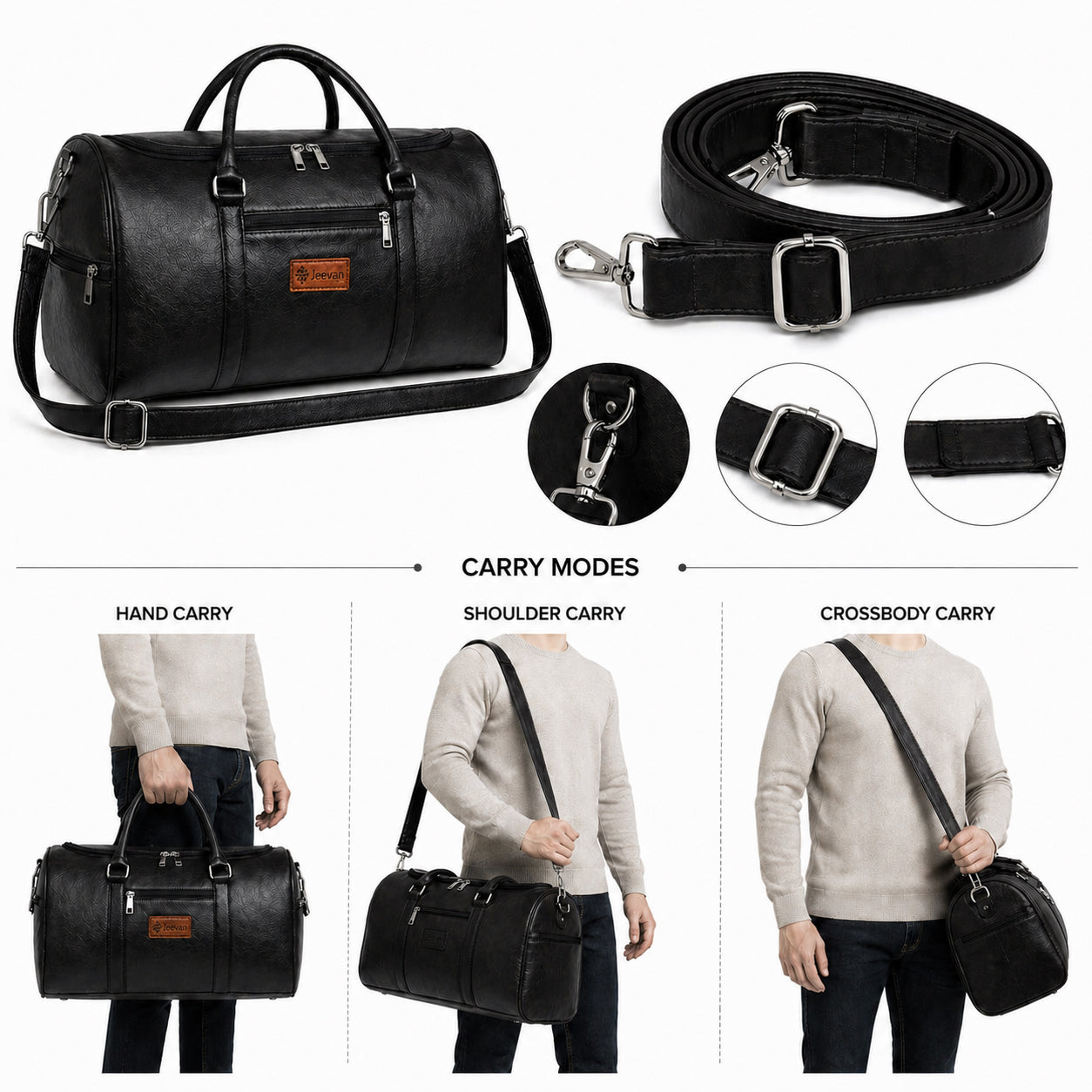 Jeevan Faux Leather Duffle Bag (Black)