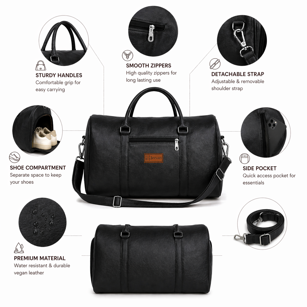 Jeevan Premium Faux Leather Duffle Bag with Shoes Pocket (Black)