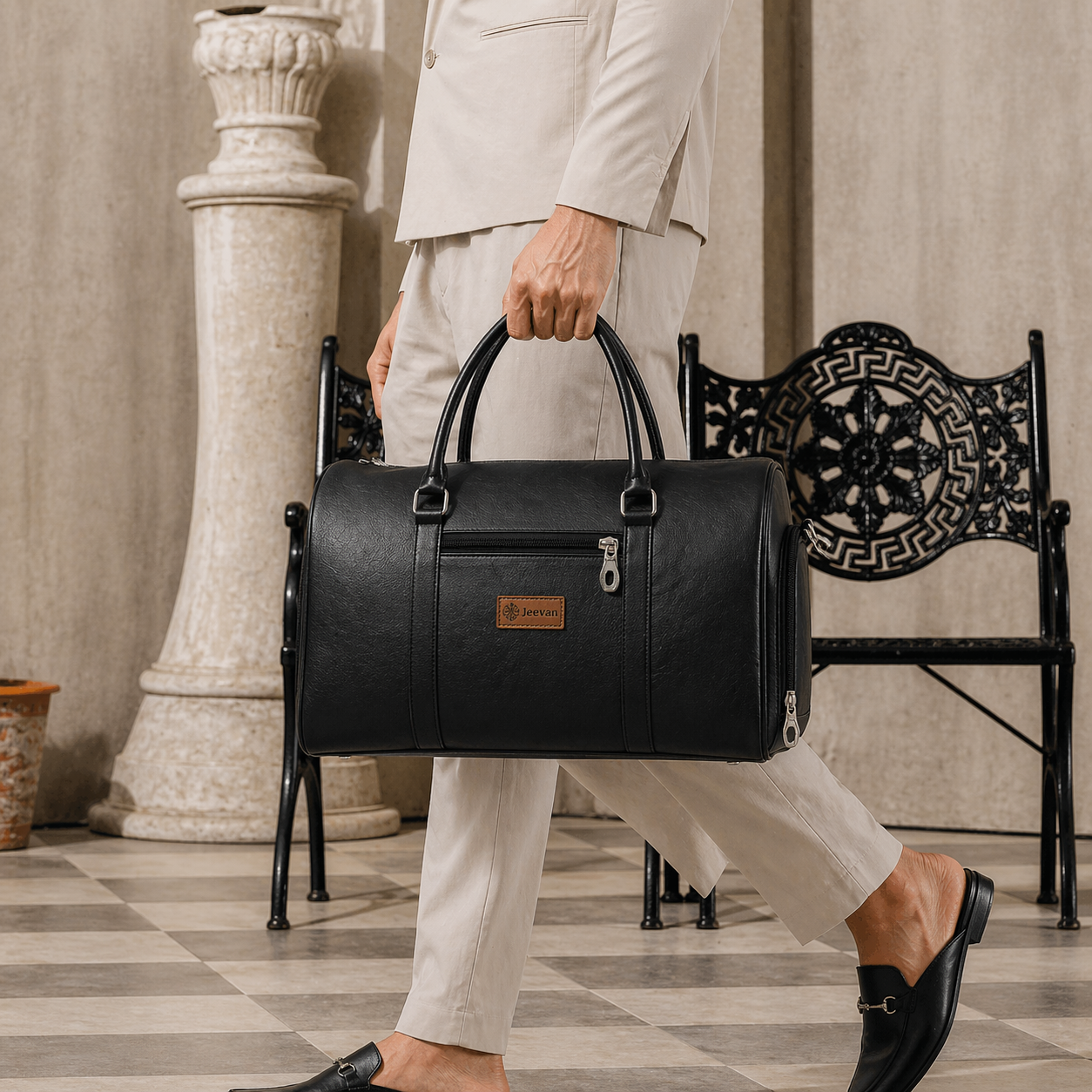 Jeevan Premium Faux Leather Duffle Bag with Shoes Pocket (Black)