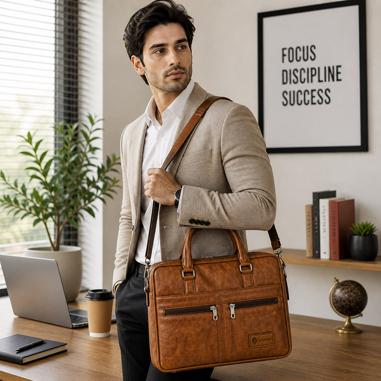 Jeevan Executive Faux Leather File Laptop Bag (Camel Brown)