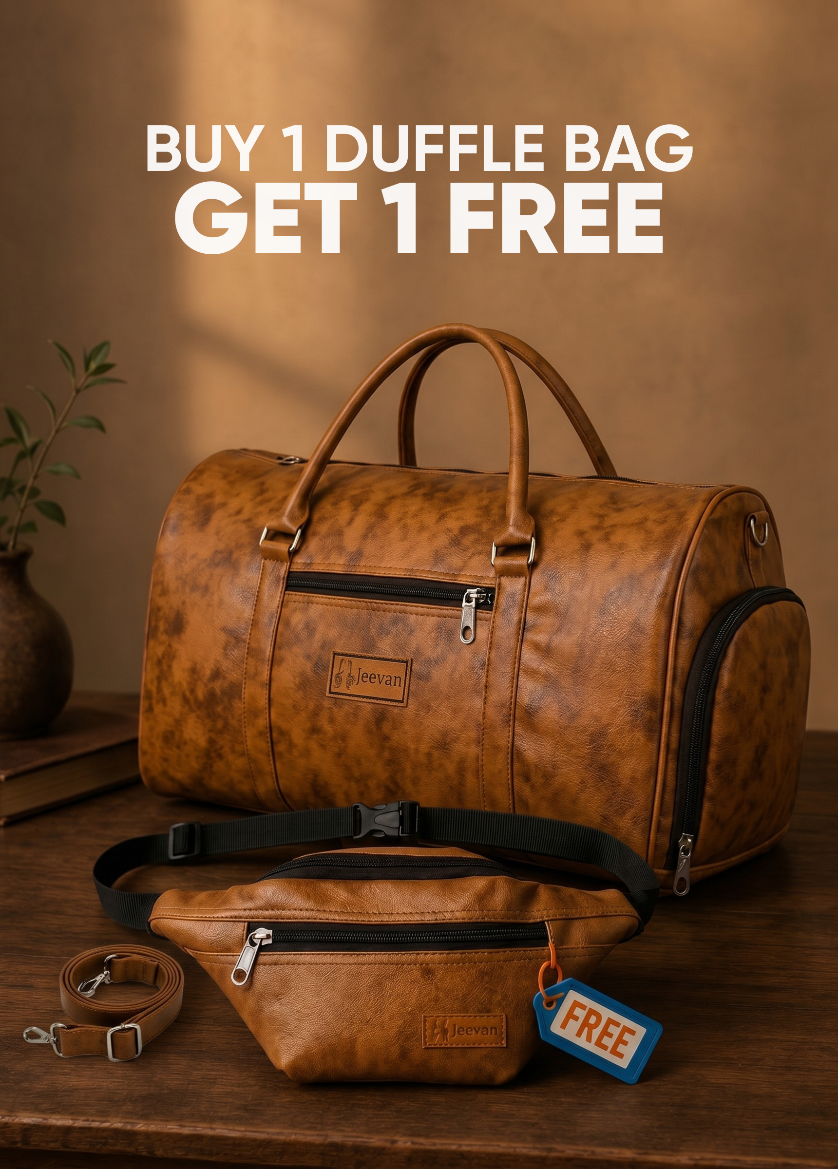 Jeevan Premium Faux Leather Duffle Bag with Shoes Pocket (Camel Brown)