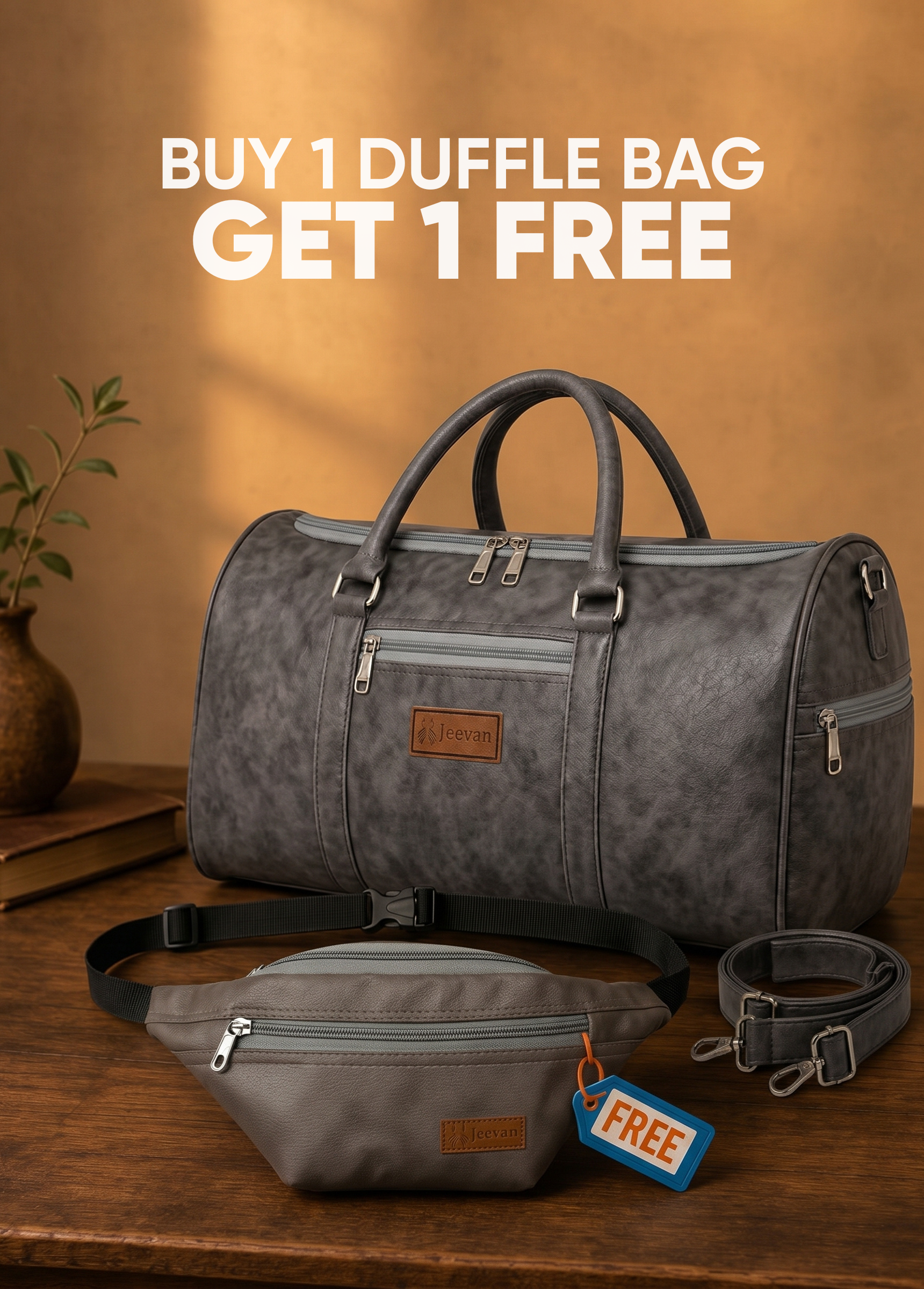 Jeevan Faux Leather Duffle Bag (Grey)