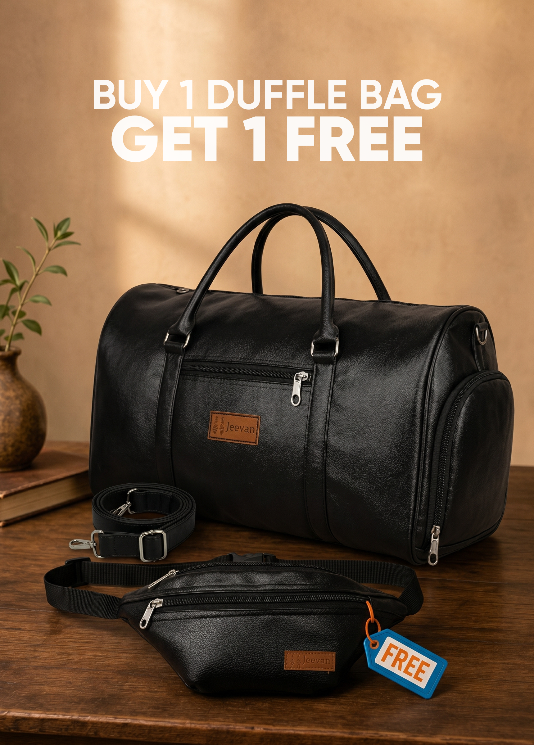 Jeevan Premium Faux Leather Duffle Bag with Shoes Pocket (Black)