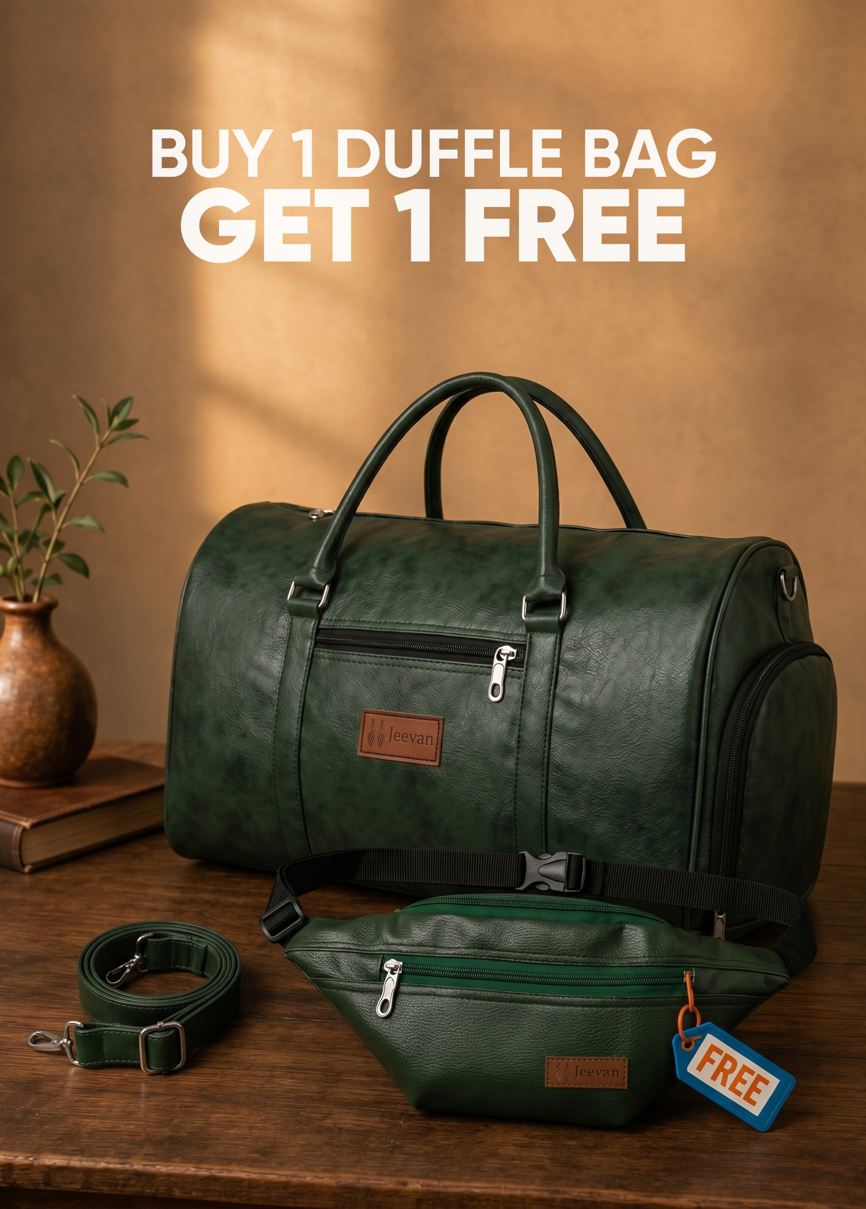 Jeevan Premium Faux Leather Duffle Bag with Shoes Pocket (Green)