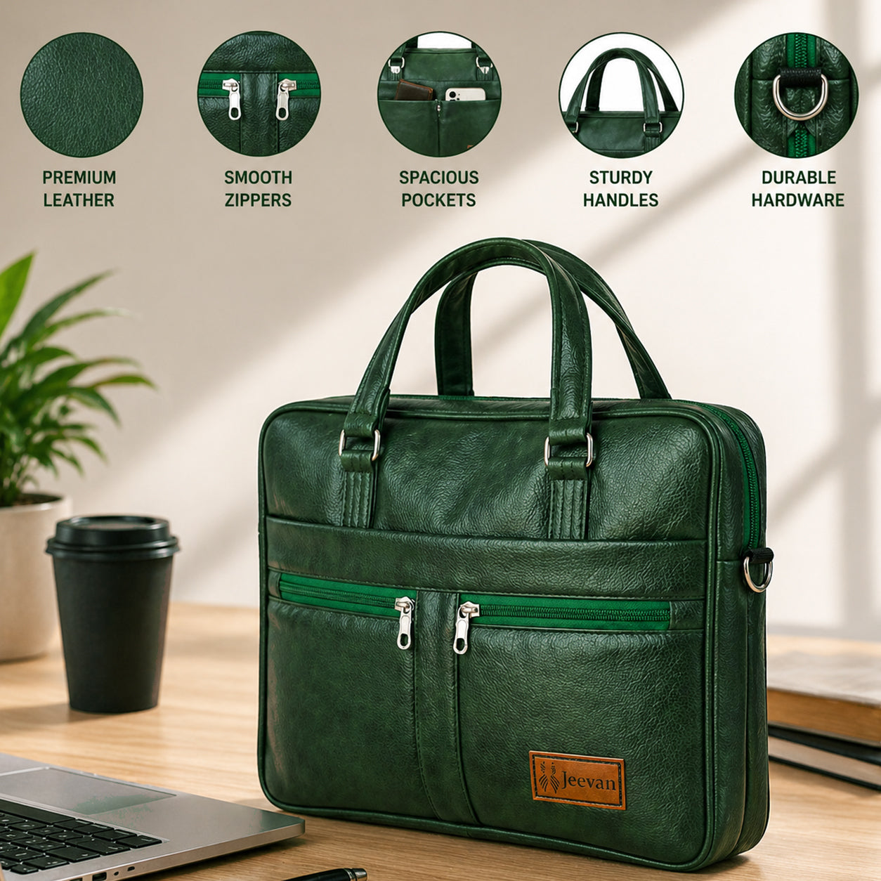 Jeevan Executive Faux Leather File Laptop Bag (Green)