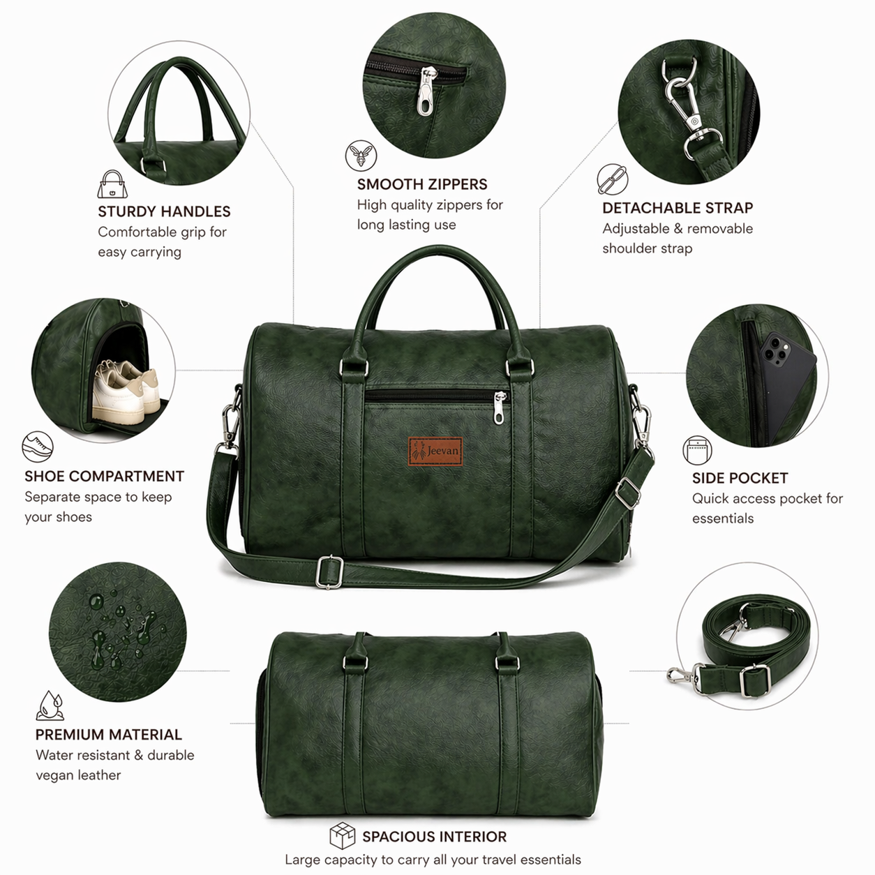 Jeevan Premium Faux Leather Duffle Bag with Shoes Pocket (Green)