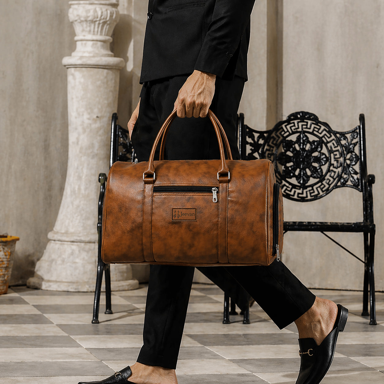Jeevan Premium Faux Leather Duffle Bag with Shoes Pocket (Camel Brown)