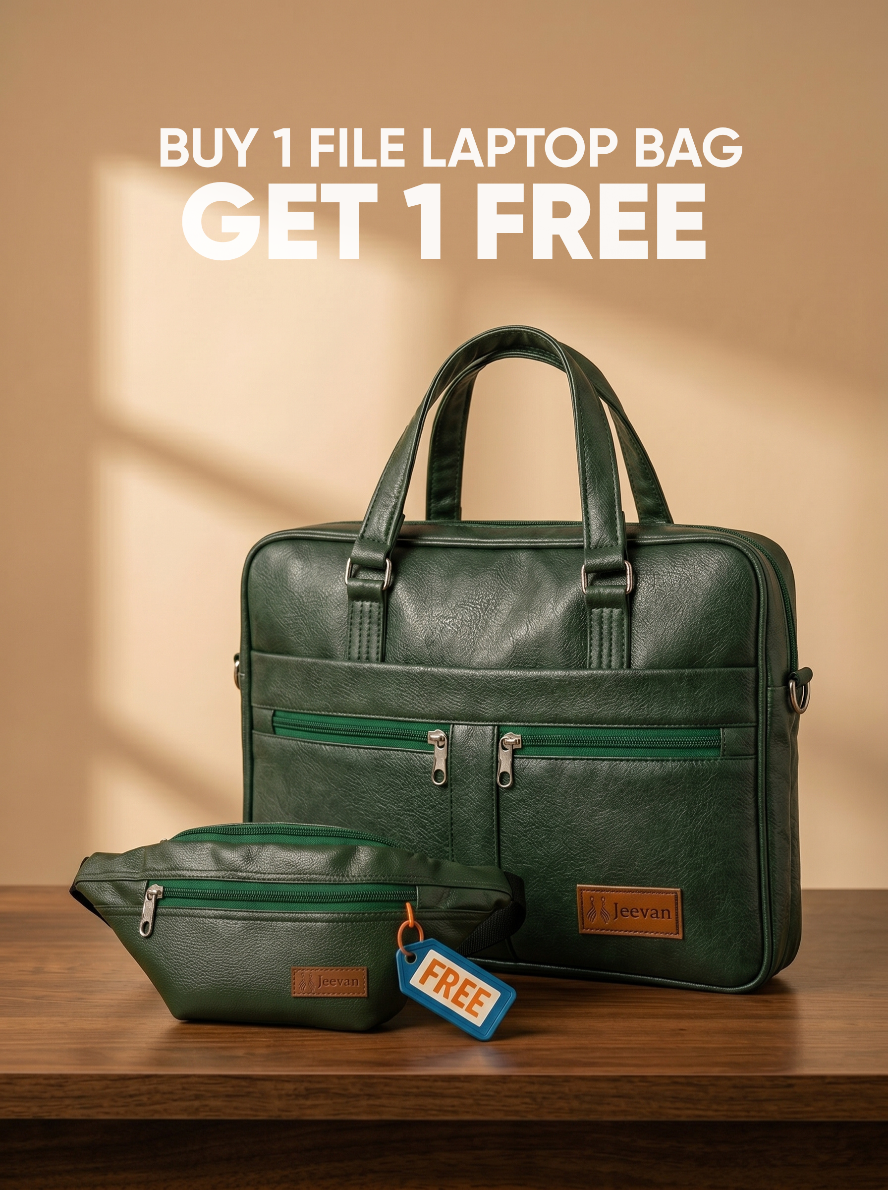 Jeevan Executive Faux Leather File Laptop Bag (Green) + 1 Fanny Bag Free