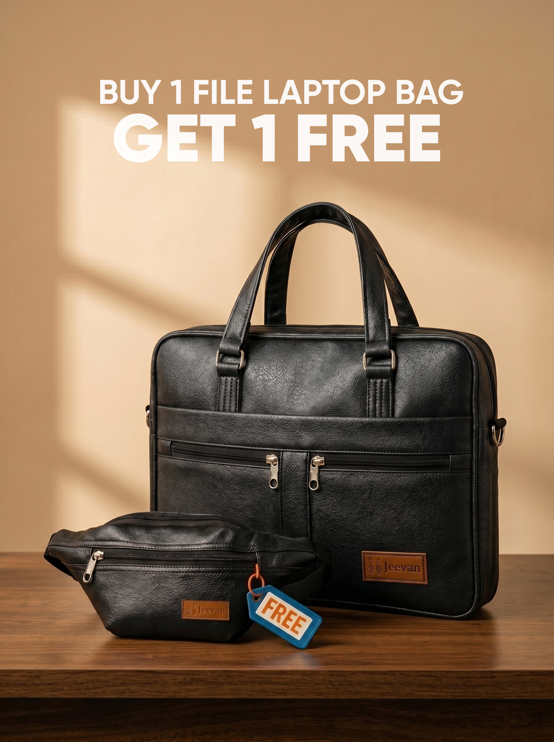 Jeevan Executive Faux Leather File Laptop Bag (Black) + 1 Fanny Bag Free