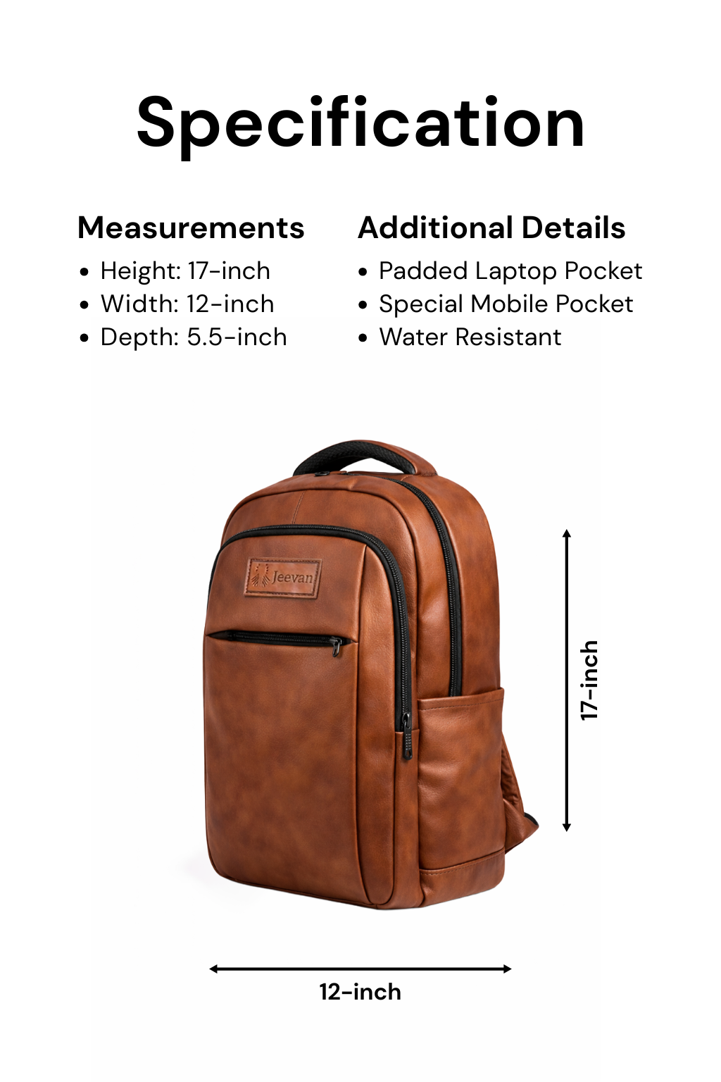 Jeevan Premium Faux Leather Backpack (Camel Brown)