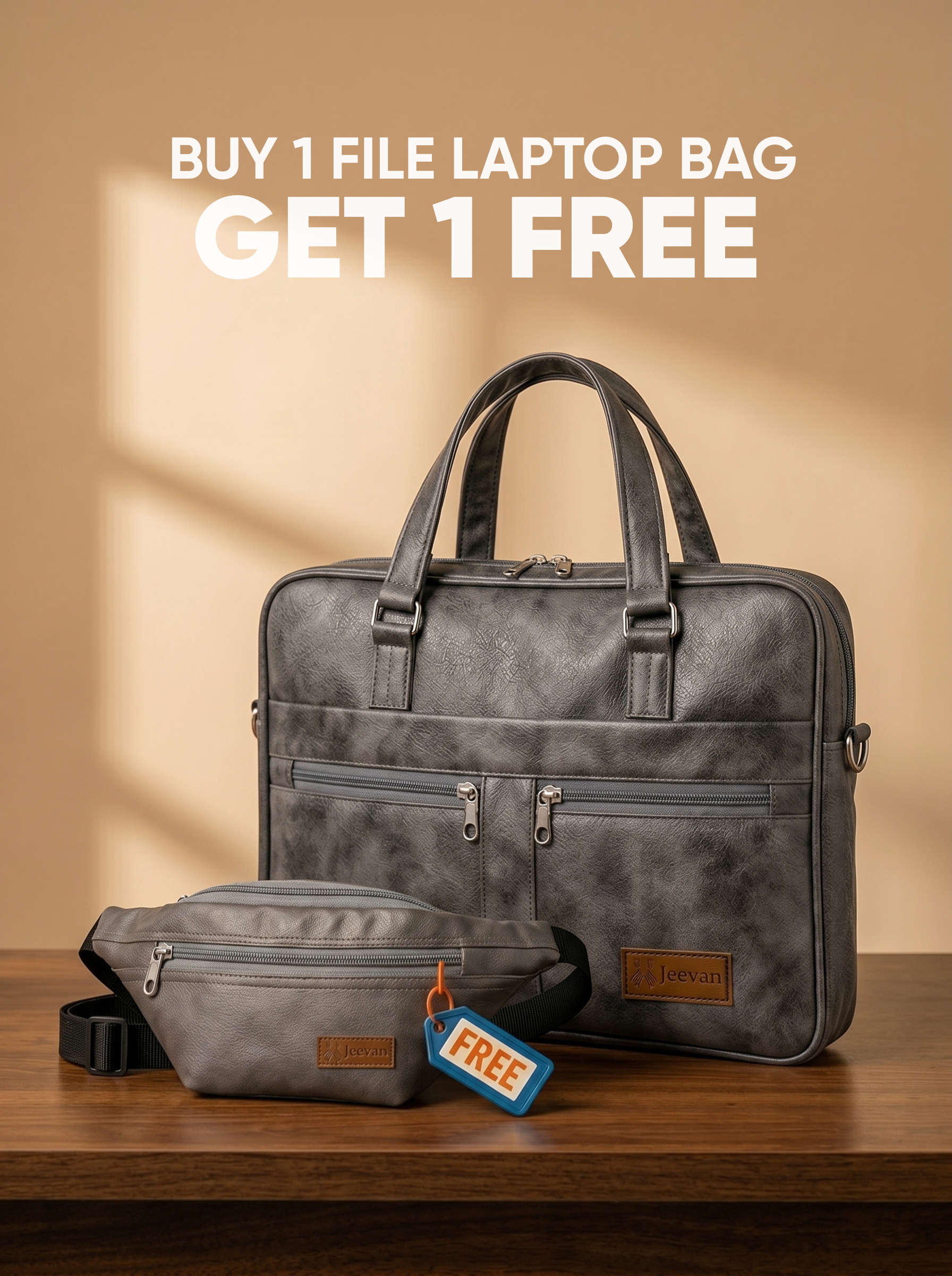 Jeevan Executive Faux Leather File Laptop Bag (Grey) + 1 Fanny Bag Free