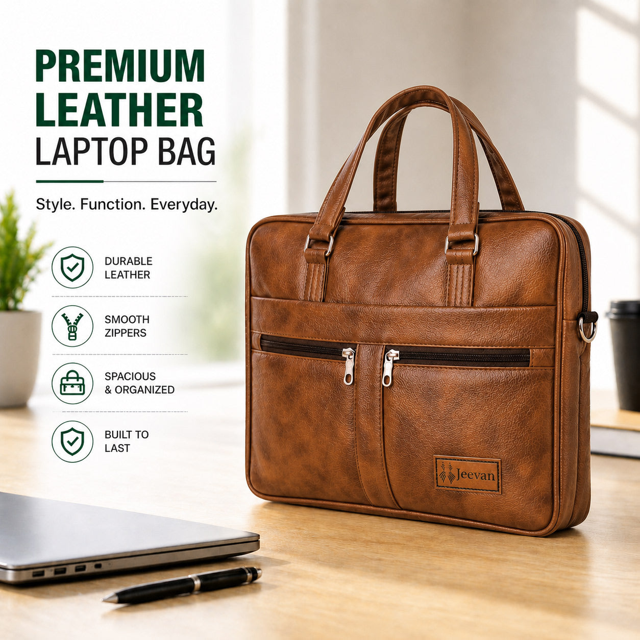Jeevan Executive Faux Leather File Laptop Bag (Camel Brown)