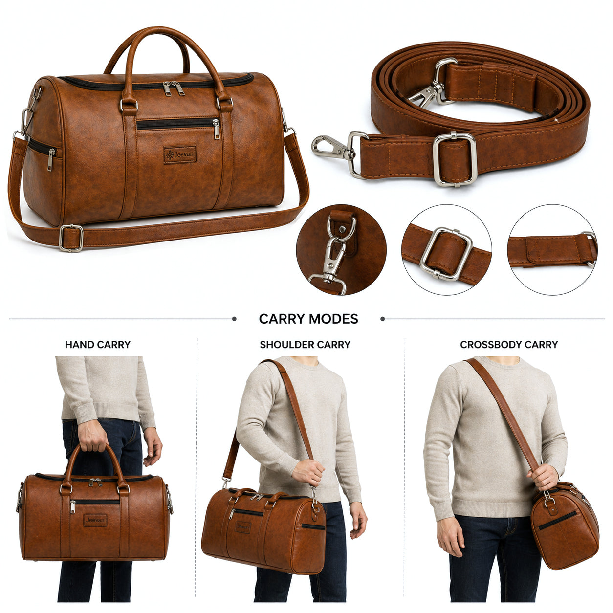 Jeevan Faux Leather Duffle Bag  (Camel Brown)