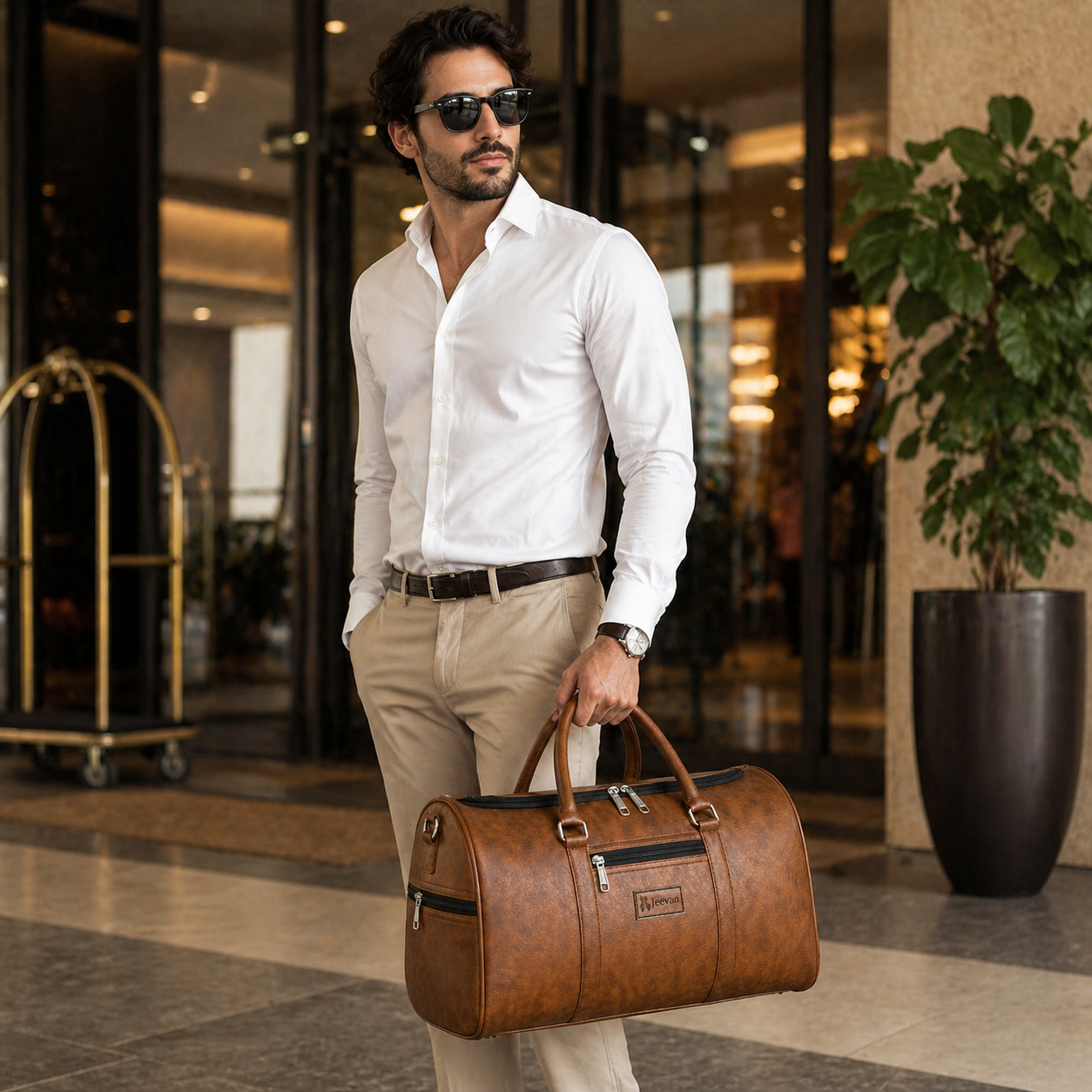 Jeevan Faux Leather Duffle Bag  (Camel Brown)
