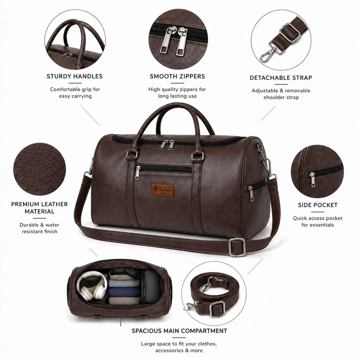 Jeevan Faux Leather Duffle Bag (Chocolate Brown)