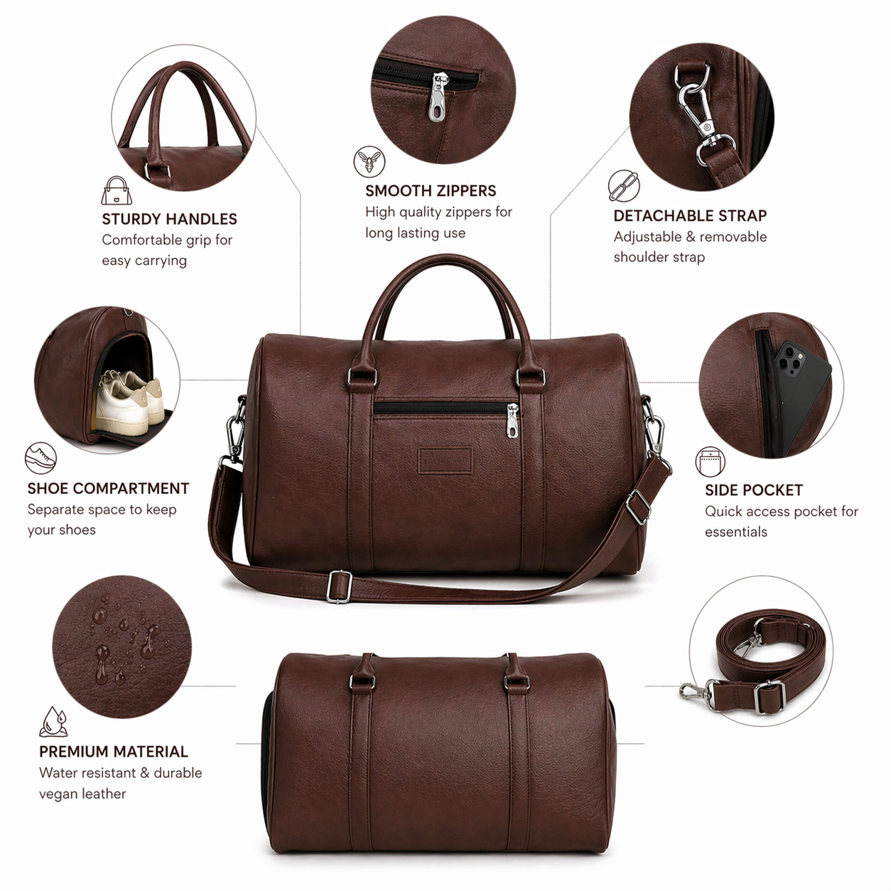 Jeevan Premium Faux Leather Duffle Bag with Shoes Pocket (Chocolate Brown)
