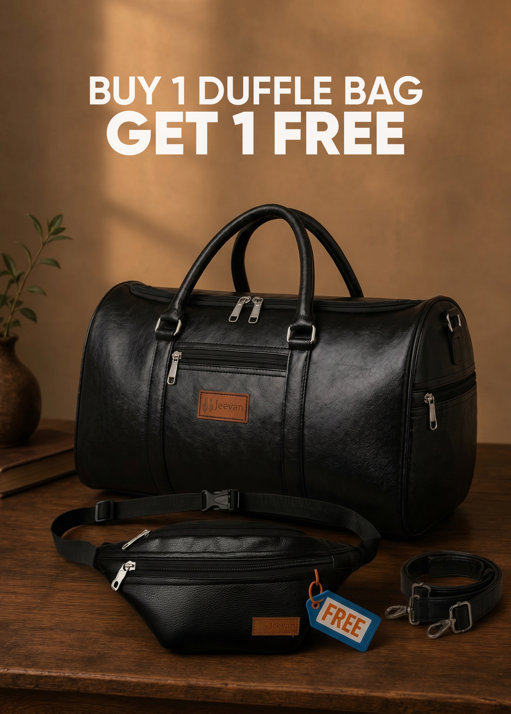 Jeevan Faux Leather Duffle Bag (Black)