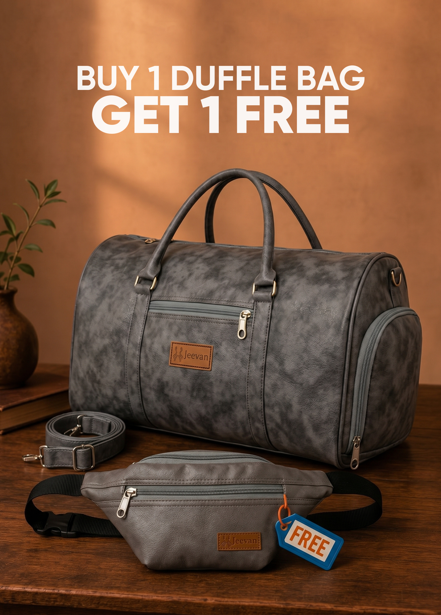Jeevan Premium Faux Leather Duffle Bag with Shoes Pocket (Grey)