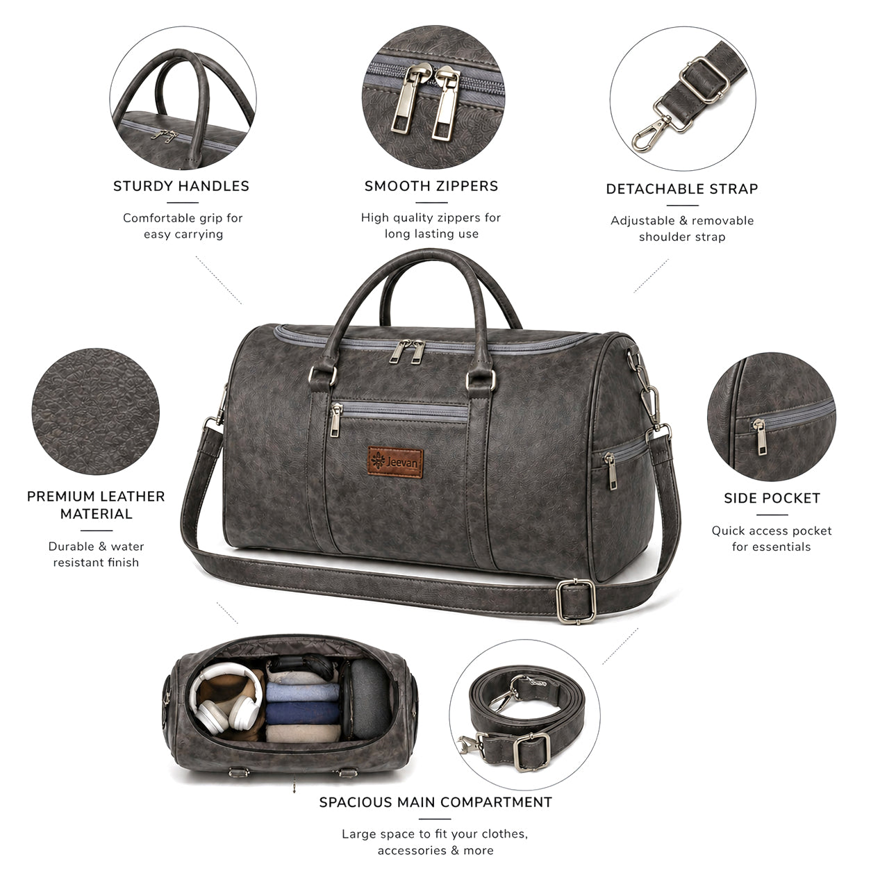 Jeevan Faux Leather Duffle Bag (Grey)