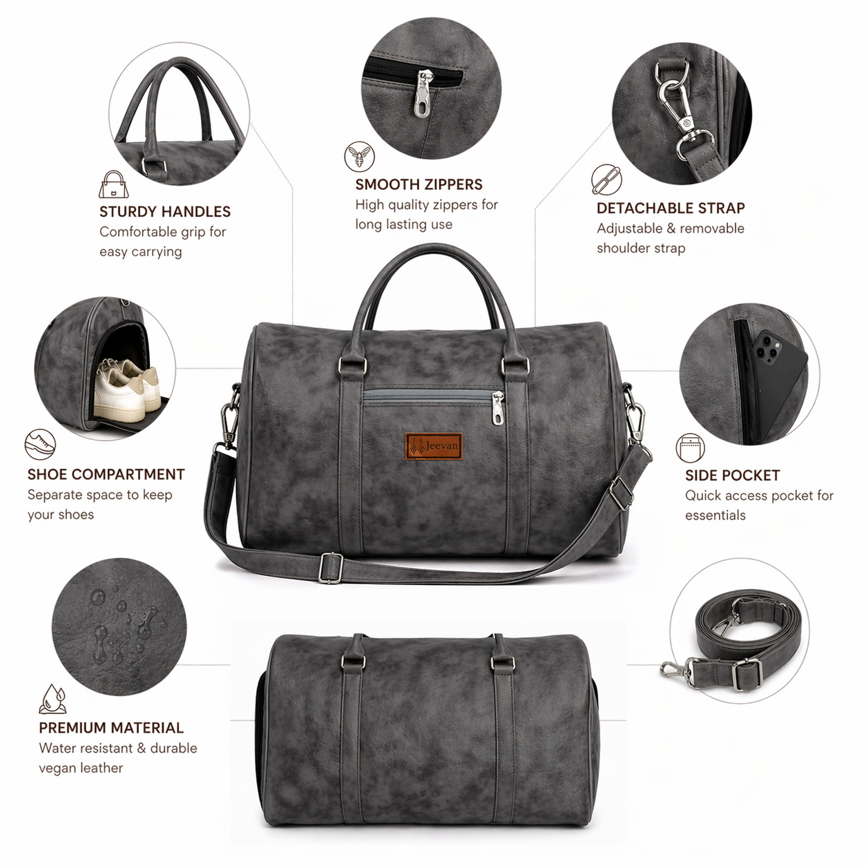 Jeevan Premium Faux Leather Duffle Bag with Shoes Pocket (Grey)
