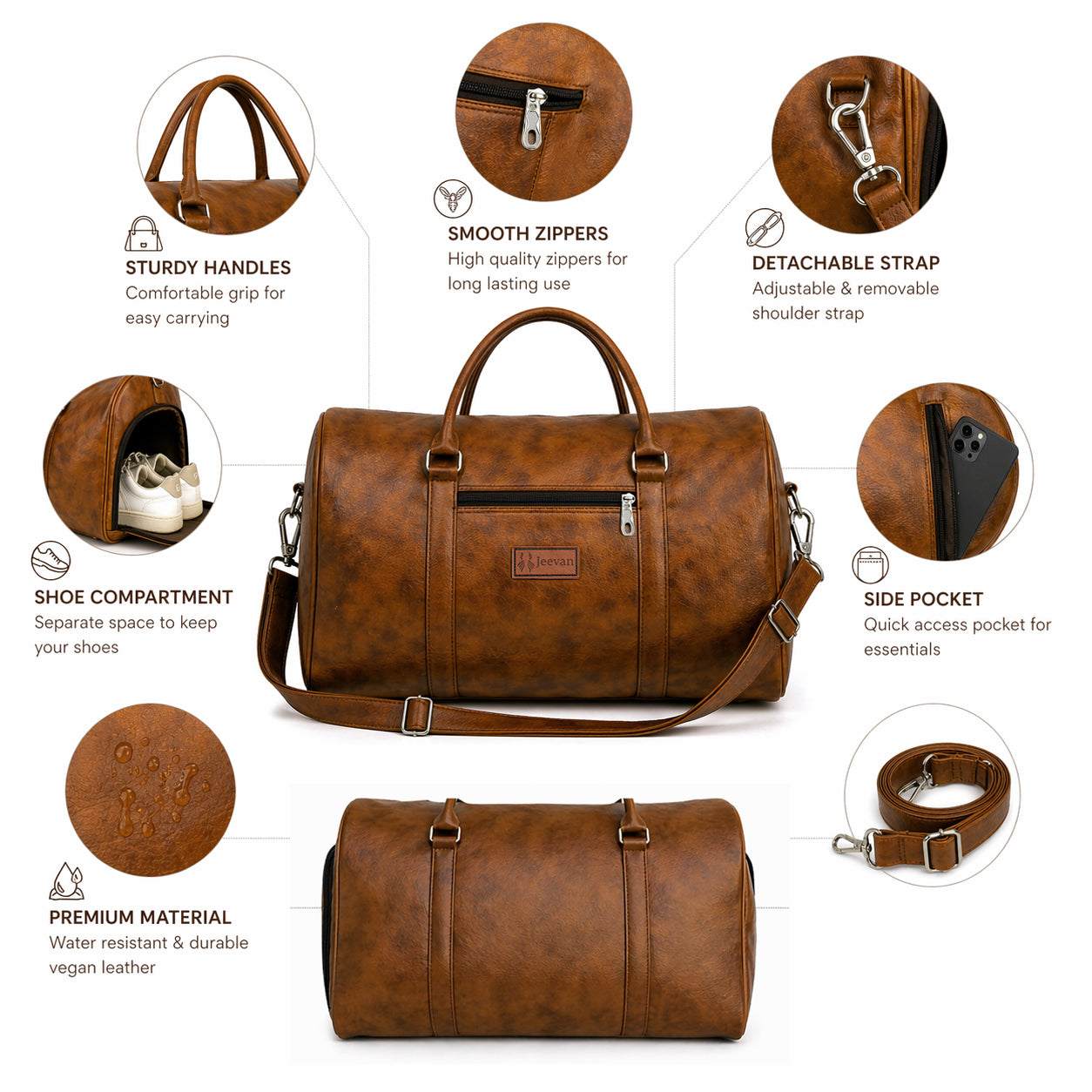 Jeevan Premium Faux Leather Duffle Bag with Shoes Pocket (Camel Brown)